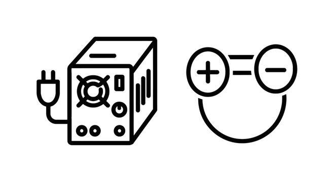 Electronic power supply unit and basic electrical circuit diagram with positive negative terminals icon with electrical engineering with electric power