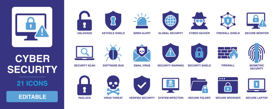 Icon of Cyber security set featuring firewall shield, secure laptop, biometric security, virus protection, padlock, and global data security icons.