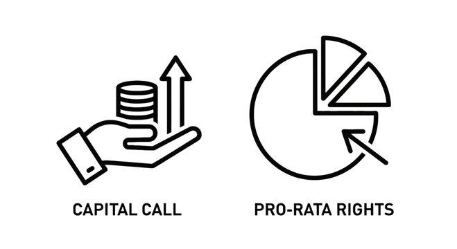 Capital call and pro-rata rights investment and finance icons with venture capital with pie chart with line art