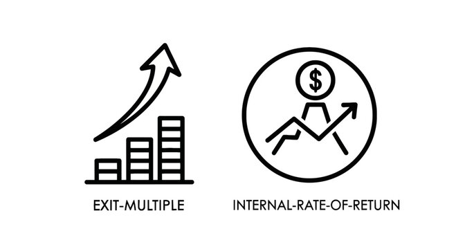 Financial growth and investment return icons with exit multiple and internal rate of return concepts with web design with app design