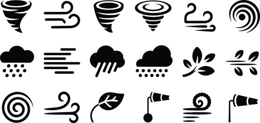 Set of weather and wind icons in black silhouette tornado