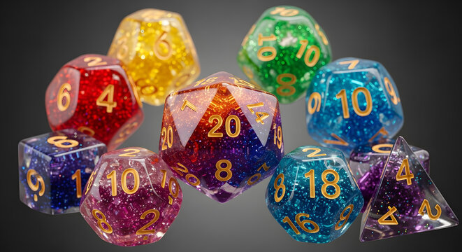 Colorful glitter polyhedral dice set with gold numbers for tabletop gaming