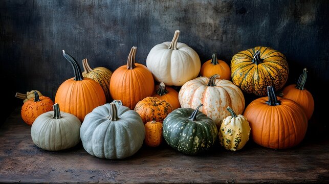 A pile of pumpkins on a wooden porch 