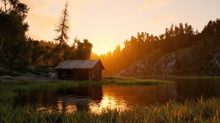 Obraz premium A rustic cabin beside a calm lake at sunset, surrounded by trees and hills.