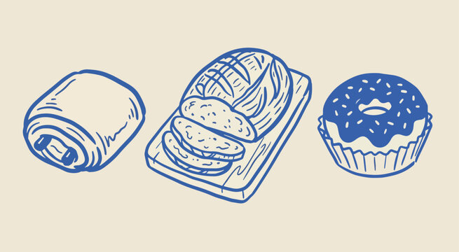 Blue outline illustration of bakery items including pastry roll loaf of sliced bread and donut with icing sprinkles