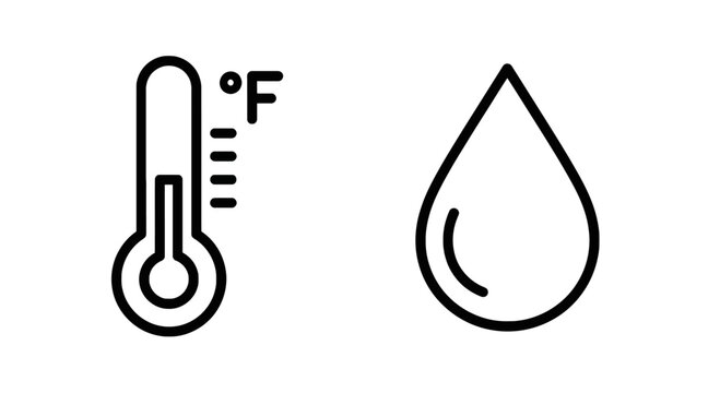 Thermometer and water droplet icons symbolizing temperature and humidity measurement and environmental conditions with black and white with design element