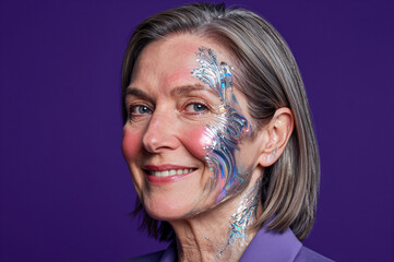 Naklejka premium Gray-haired woman smiles while wearing iridescent liquid chrome paint on her cheek and neck against solid violet background.