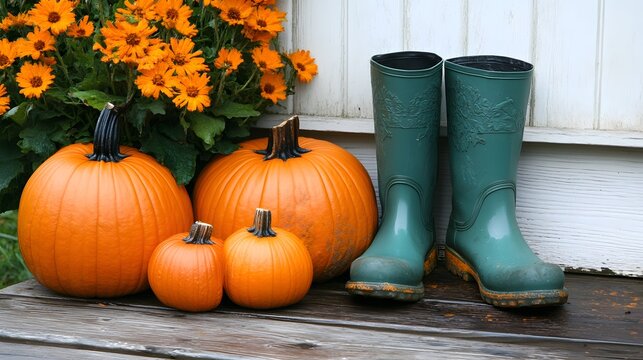 A pile of pumpkins on a wooden porch next to a pair of boats