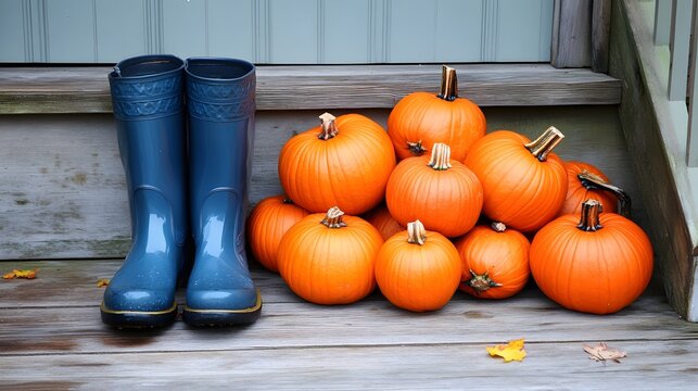 A pile of pumpkins on a wooden porch next to a pair of boats