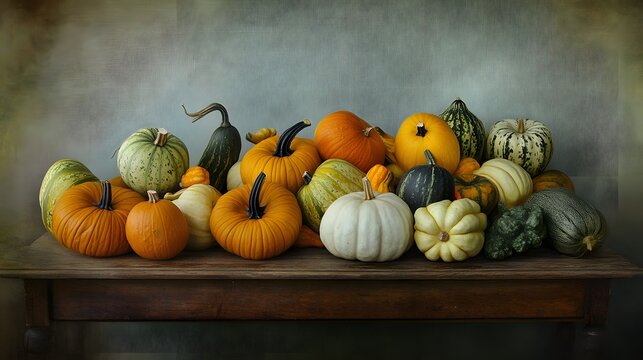 A pile of pumpkins on a wooden porch 