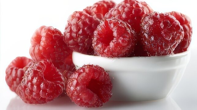 Fresh Ripe Raspberries in White Bowl on Bright Background