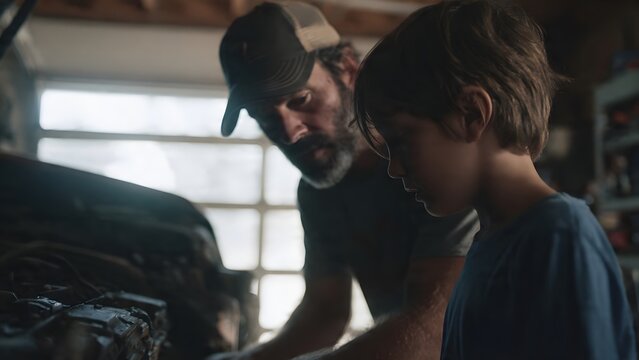Father teaching son car repair in garage, bonding, learning skills, mentorship, family time
