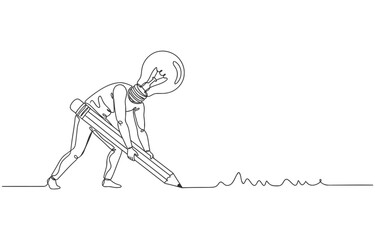 Obraz premium Single continuous line drawing of A person writes using a big pencil with a lightbulb at the end. Continuous practice to become more creative