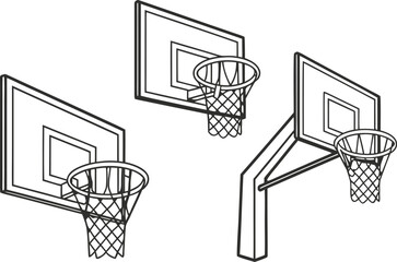 Naklejka premium Set of Simple Black Line Basketball Hoop and Backboard in Clean Minimal Style. Modern Sports Symbol Collection for UI Design and Graphic Projects.