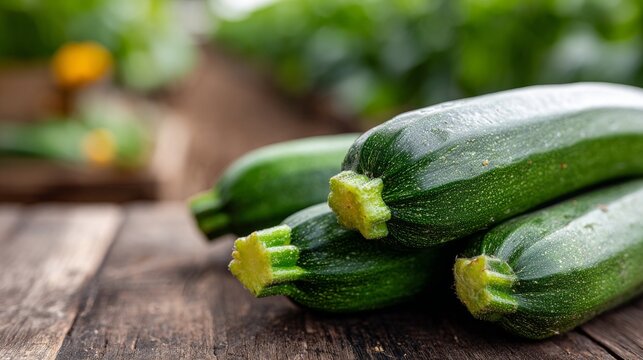 Fresh green zucchinis stacked on a wooden surface in a garden setting.