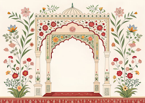 Mughal garden arch with floral symmetry, flat vector illustration