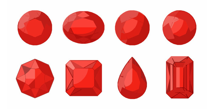 Red ruby gemstones set different shapes flat vector illustration isolated on white background