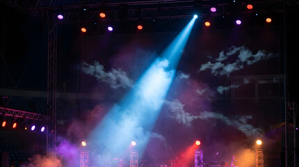 Obraz premium Illuminated stage with scenic lights and smoke. Blue spotlight with smoke volume light effect on black background. Stadium cloudiness projector