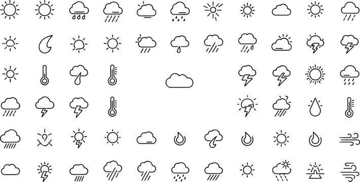Weather and climate conditions line icon set featuring sun cloud rain storm minimal outline vector collection