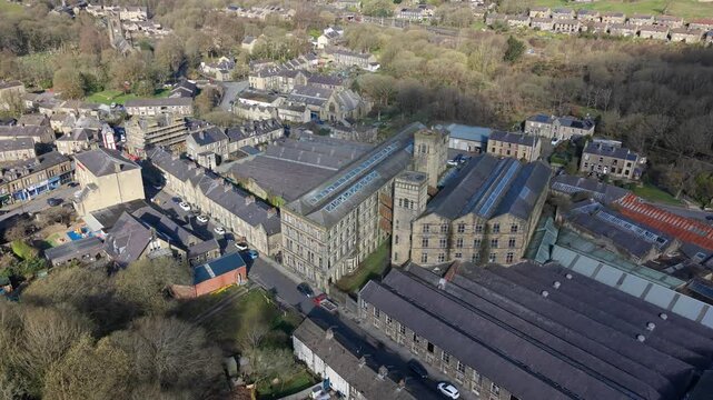 ​19th-century industrial architecture: Drone shot of a traditional English wool mill