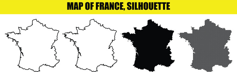 Fototapeta premium Map of France silhouette in various styles including solid fill outline and dotted versions for design.