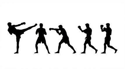 Obraz premium A sequence of five black silhouettes showing various movements and poses of a martial arts fighter. isolated on white background