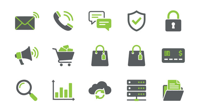 Flat Business and Communication Icon Set in Green and Grey