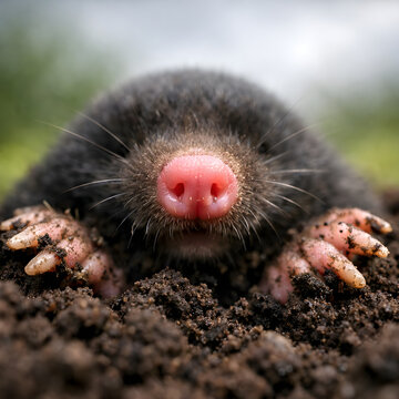 A small mole peeking out of the ground with pink nose