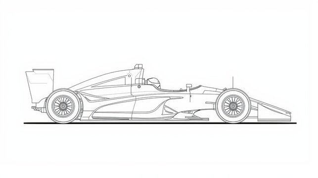 A detailed side profile line drawing illustration of an indycar race car on a plain white background isolated on white background