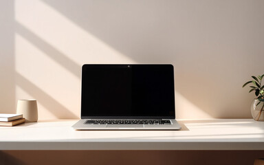 Fototapeta premium Laptop sits on a white desk with a plant and books in a well-lit room during the day
