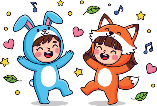 Joyful children in animal costumes, cute cartoon kids dressed as a blue bunny and an orange fox, happy toddlers celebrating with music notes and hearts