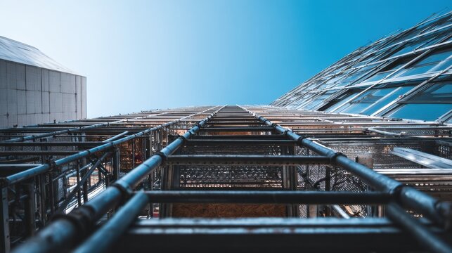 Mirrorlike glass structures. Symmetrical frameworks showcasing sleek blue shades and modern architectural style. Clean and precise scaffolding lines emphasizing reflective glass and fresh modern look