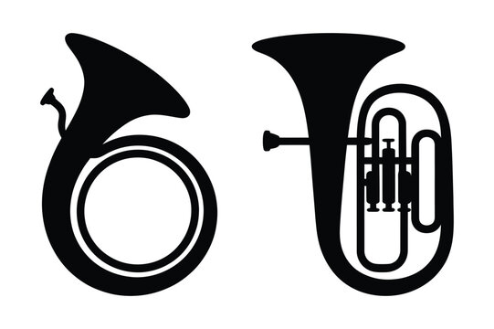 Tuba and sousaphone musical instruments, vector black silhouette icons