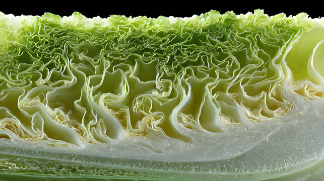 Crisp pale green celtuce cross section macro showing ruffled layers and fresh texture in high detail