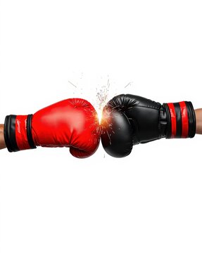 A close up view of a red boxing glove and a black boxing glove colliding in a powerful impact isolated on white background