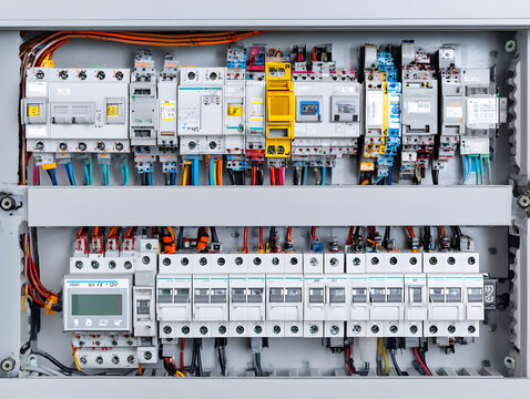 Electric breaker panel with labeled circuits and multicolored wiring showing organized electrical distribution and safety components