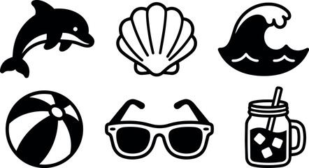Obraz premium Black and white summer icons with dolphin shell wave and sunglasses