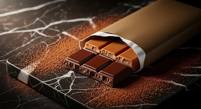Gourmet dark and milk chocolate bar unwrapped on dark marble surface with scattered cocoa powder, dramatic lighting, realistic food photography