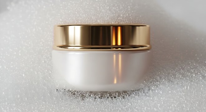 Luxurious white cosmetic cream jar with golden lid rests delicately on a bed of sparkling white sugar crystals, product photography concept.