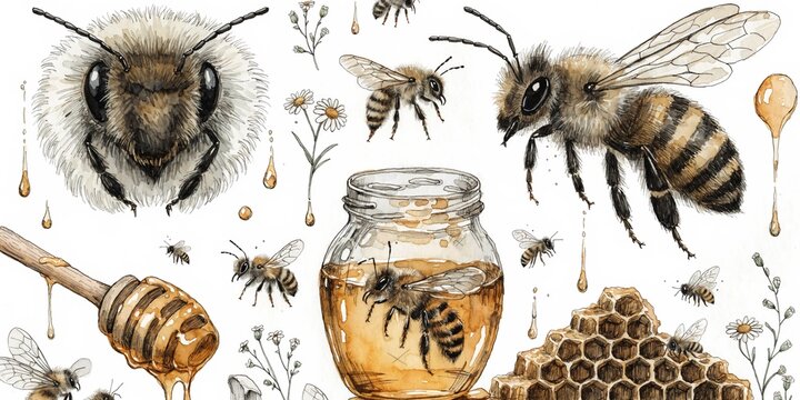 

A macro close-up of a honey bee and bumblebee on a summer flower collecting pollen near a honeycomb in nature