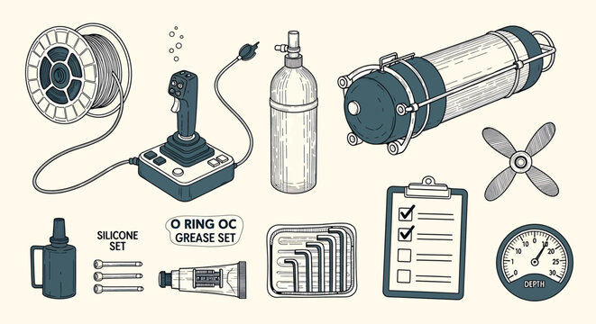 Vintage diving equipment collection isolated on transparent background detailed sketch illustration