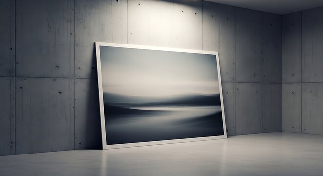 Minimalist abstract landscape photography framed artwork leaning against raw concrete wall in modern gallery setting with dramatic spotlighting, serene.