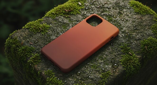 Luxury gradient brown smartphone case resting on mossy rock in lush forest, soft focus, nature-inspired aesthetic, atmospheric lighting, tranquil outdoor scene.