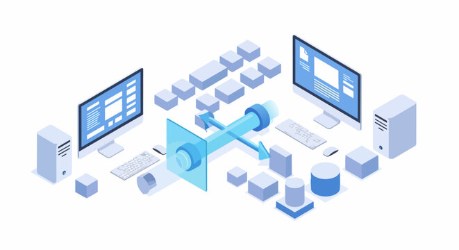 Isometric Illustration of Cloud Computing, High-Speed Data Transfer, and Network Infrastructure Connectivity