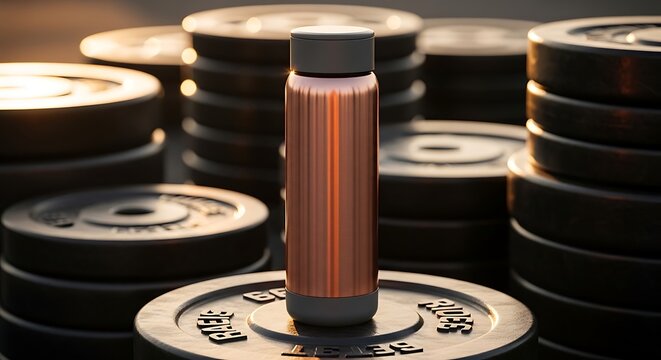 Sleek, metallic, reusable water bottle with textured grip, presented on weight plates in a dimly lit gym, showcasing fitness hydration and athletic lifestyle in a realistic, studio-shot styl