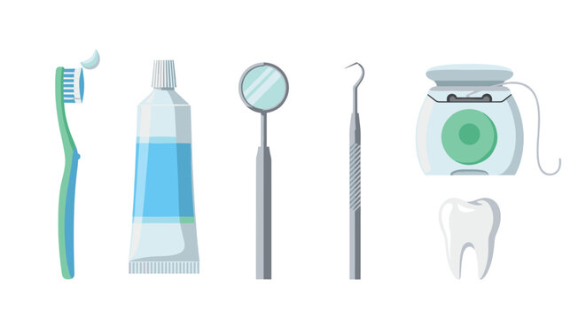 A comprehensive set of dental hygiene tools including a green toothbrush with paste, a blue tube, a mirror, and dental floss sits on a white background.