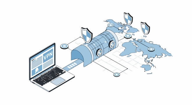 Secure VPN Tunnel Concept for Global Internet Privacy and Data Protection Isometric Illustration