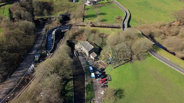 Drone footage of Tunnel End, Marsden featuring the Huddersfield Narrow Canal and the Standedge Tunnel