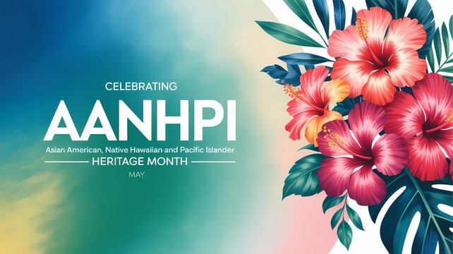 Asian american, native hawaiian and pacific islander heritage month background with hibiscus flowers