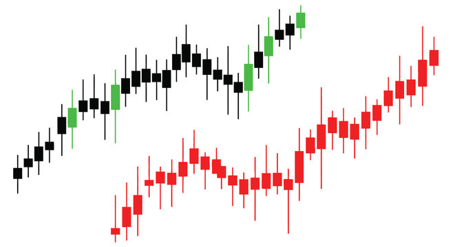 Financial chart displaying candlestick patterns and a downward trend silhouette